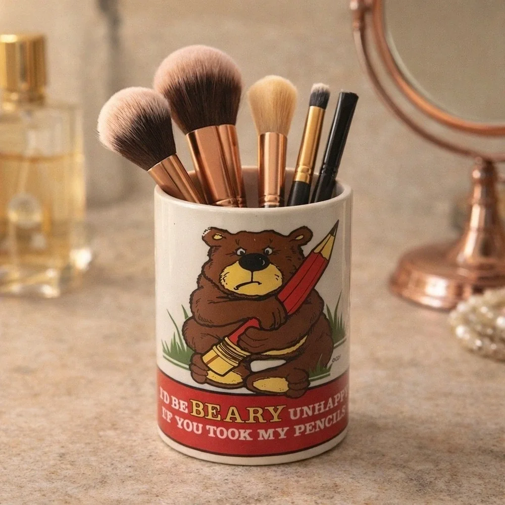 Vintage CDF Beary Unhappy Bear Ceramic Pencil Cup Holder Desk Organizer Taiwan